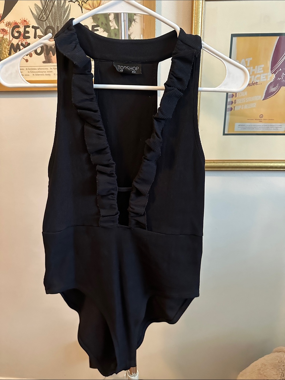 Topshop Black Ruffle-Trim Deep V Bodysuit